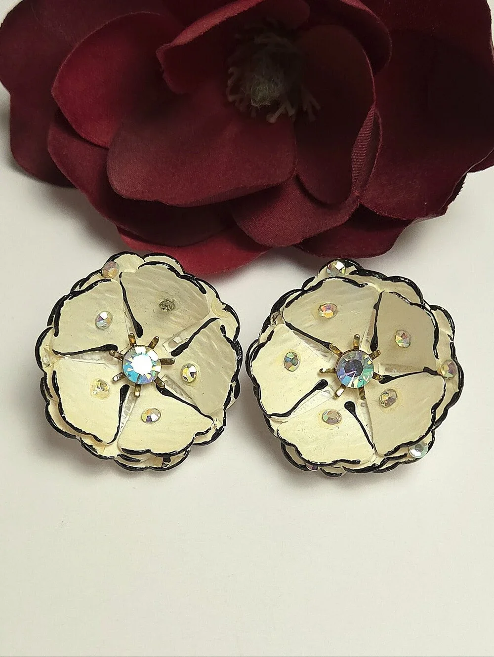 Vintage Handmade Acrylic Flower Petal Aurora Borealis Crystal Earrings Clip On